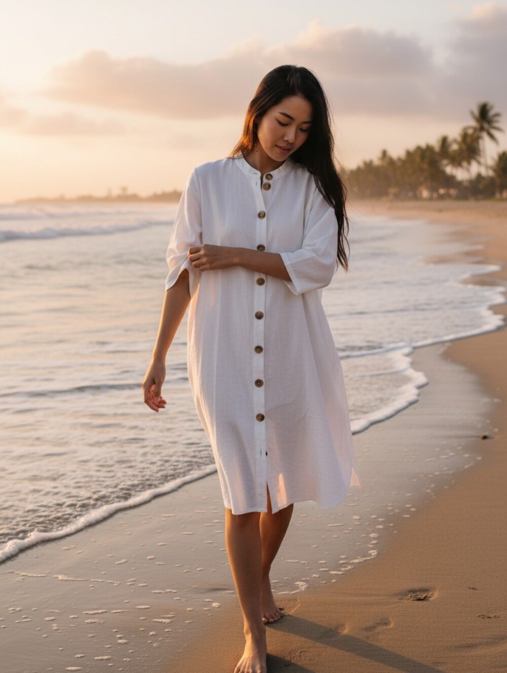 White Beach Cover-Up Dress Button Down Medium Boho Summer